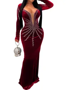 Women's Contrast Mesh Hot Drill Deep V Neck Bodycon Dress, Elegant Formal Long Sleeve Maxi Dress for Party Banquet, Dresses for Women, Ladies Fall Clothes, Elegant Romantic Dress, Chic Trendy Dress, Womenswear