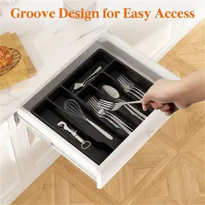 1 pack Covered cutlery storage box | Covered cutlery tray for kitchen drawers and countertops, plastic cutlery storage box for spoon and fork holders, 6 compartments, black, polished, Kitchen Storage Organizer