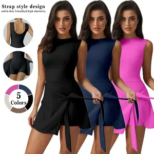 Kabier Women's Sleeveless Tennis Dress with Ruffle Side Slit & Built-in Shorts for Yoga Golf High Stretch Nylon Crew Neck Spring Summer Golf Clothing