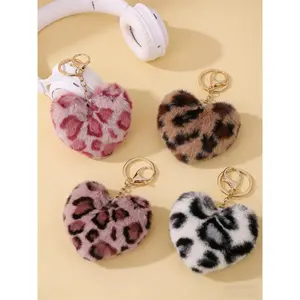 2026 New Arrival Plush Heart Keychain | Colorful Leopard Print Fur Ball Charm, Cute Peach Heart Bag Pendant, Soft Fuzzy Kawaii Keychain Accessories