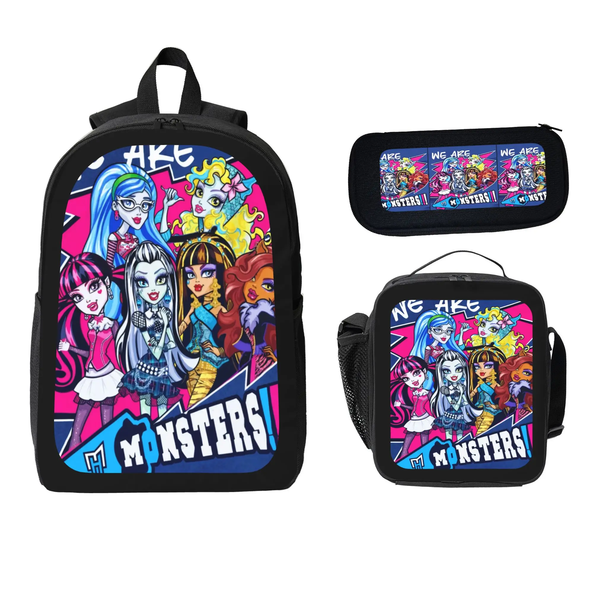 Monster High 3-Piece School Backpack Set - 17-in Backpack, Lunch Bag, Pencil Case with Adjustable Shoulder Straps, Zipper Closures, Lightweight Spacious Back-to-School Essential