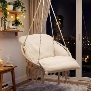 Macrame Single Hammock Hanging Chair with Oversized Padded Cushion, Indoor＆Outdoor, Hammock Swing Chair
