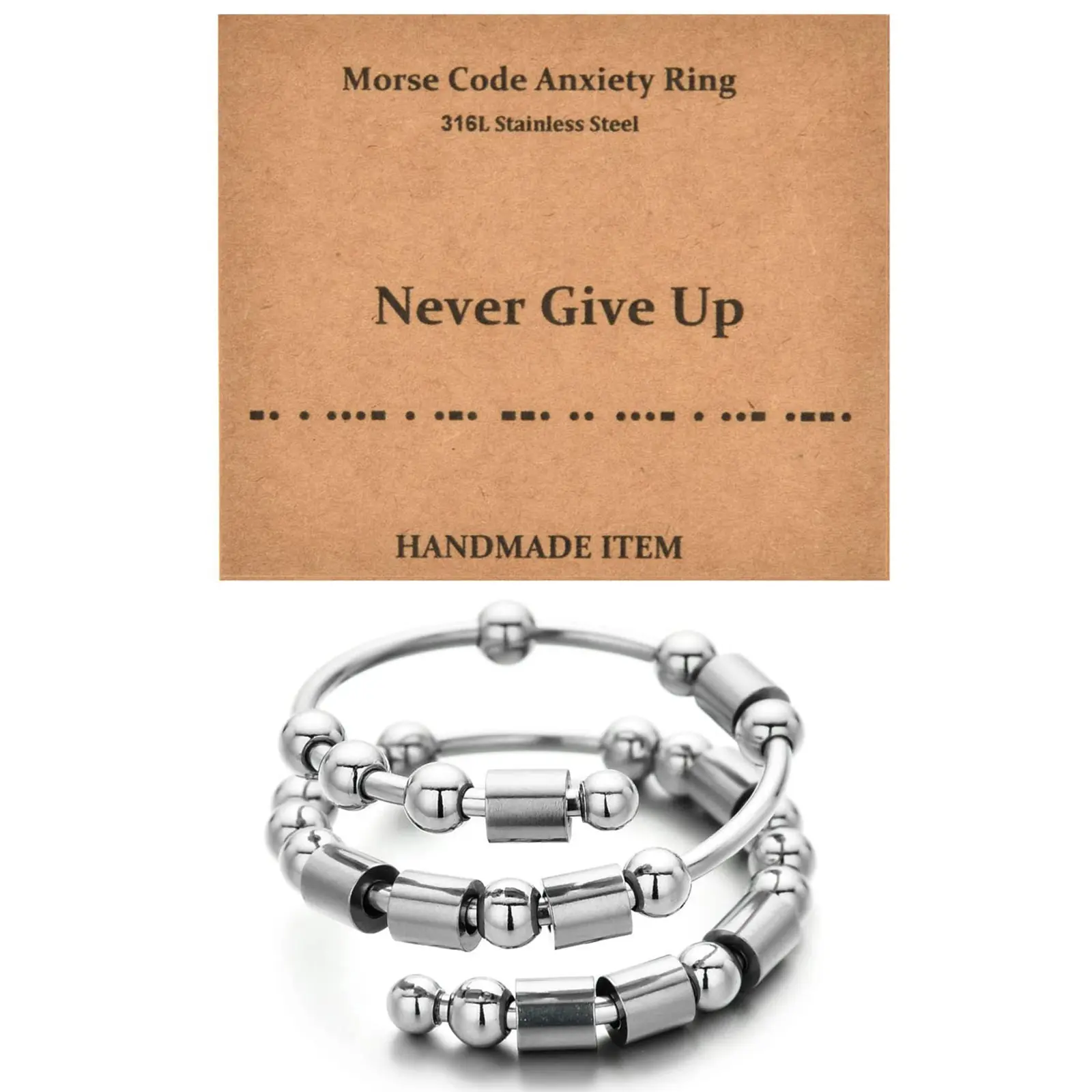 OIDEA Women's Morse Code Anxiety Spinner Ring, Stainless Steel "Never Give Up" Gift with Size Adjuster, Morse Code Rings, Size Adjuster Rings