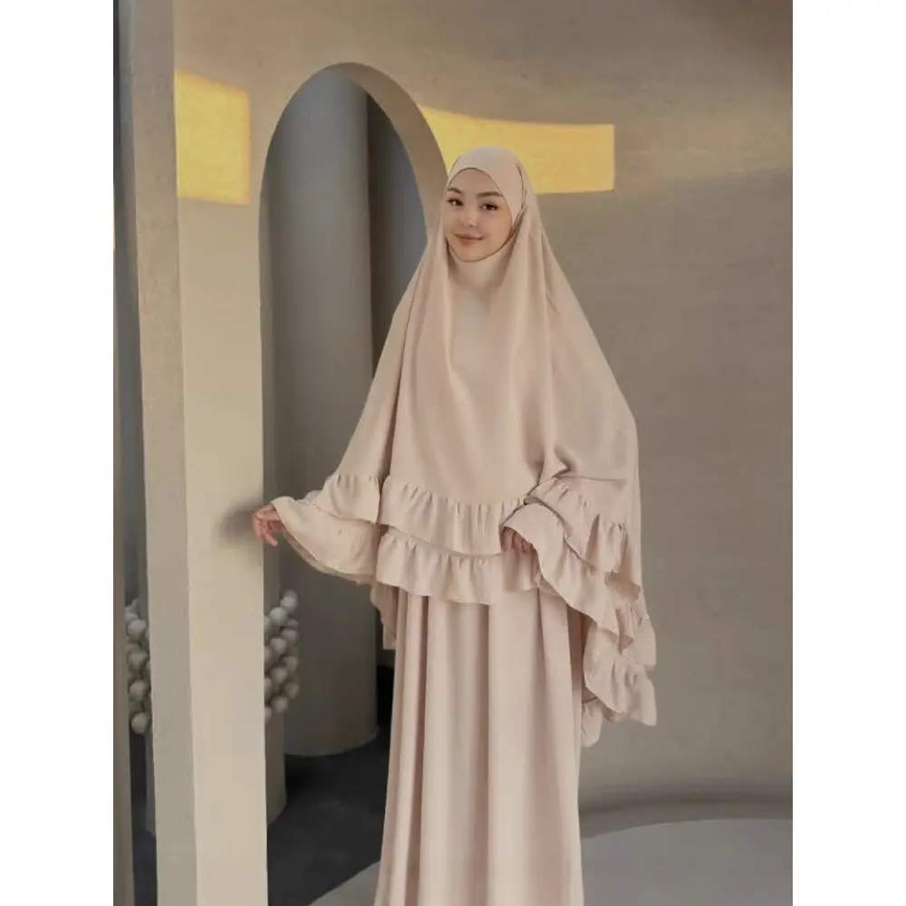 Middle Eastern Dubai Solid Color Abaya Dress Set with Ruffle Scarf and Large Hijab Perfect for Ramadan and Islamic Prayer - Machine Washable, Headscarf Turban