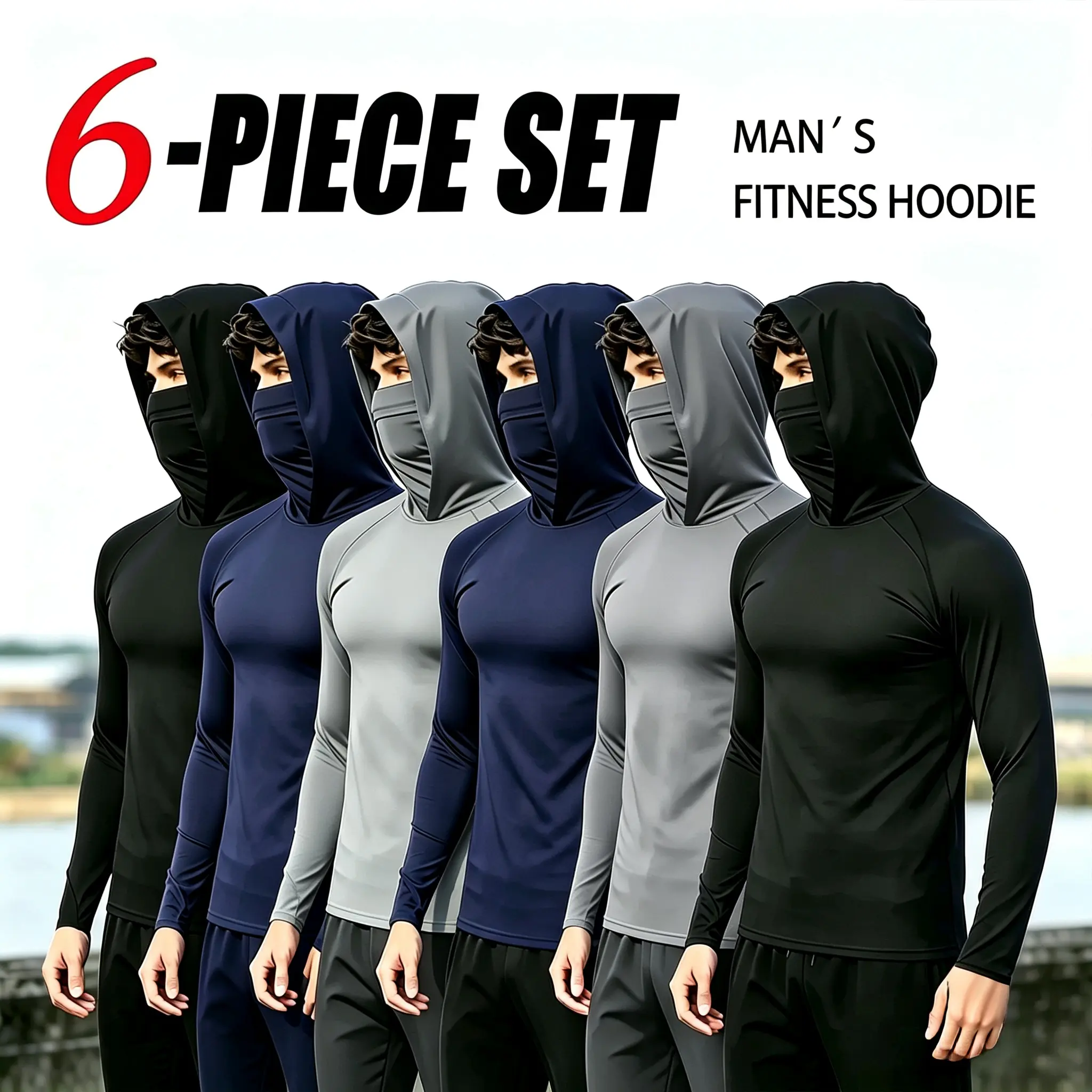 6/3-Piece Men's Casual Hoodie Pullovers with Built-in Face Mask for Fishing Cycling Gym Workout, Blue Black Gray Slim Fit Long Sleeve, Lightweight UPF Sun Protection, Soft Breathable, Versatile Machine Washable Multi-Occasion Stylish Menswear Tops Set