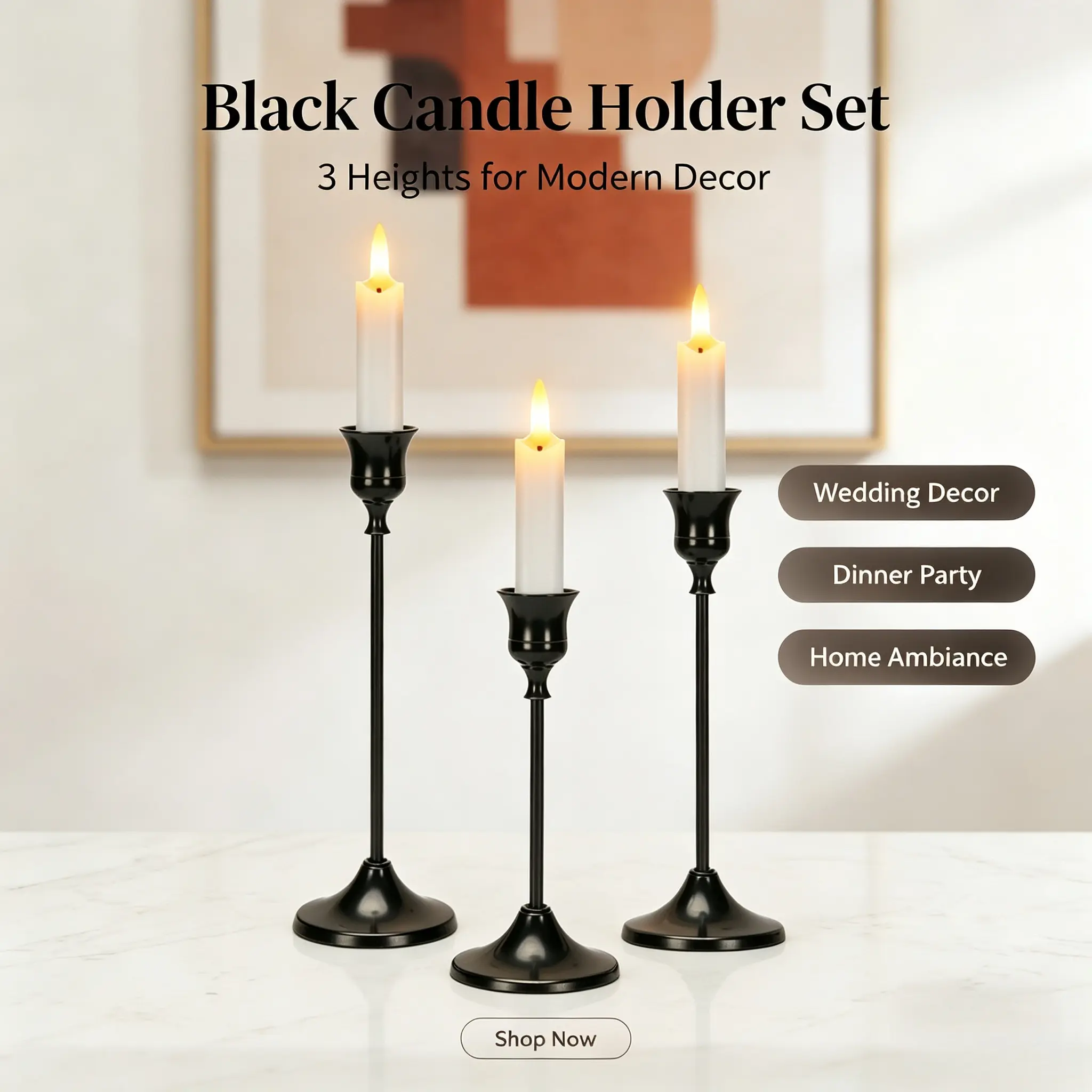 3 PCS Chic Matte Black Decorative Metal Pillar Candle Holder Centerpieces - Taper Candle Holders for Fireplace Mantel, Housewarming Gift for Gift Givers