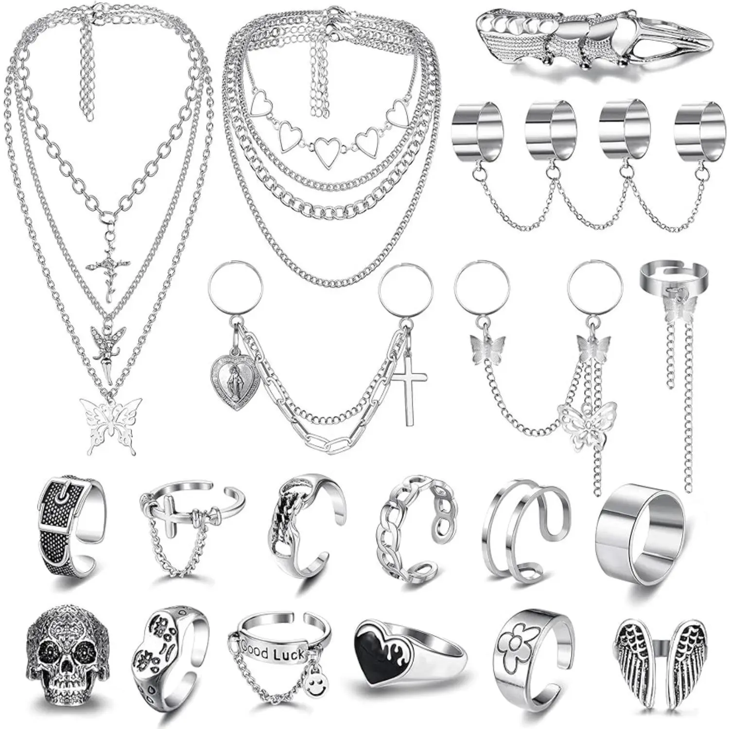 FLORIDECO 19PCS Unisex Edgy Jewelry Set - Stainless Steel Goth Punk Adjustable Cubic Zirconia Chain Rings, Layered Chain Necklace, Stackable Open Finger Rings, Statement Pendant Choker for Daily, Party Wear,summerwins