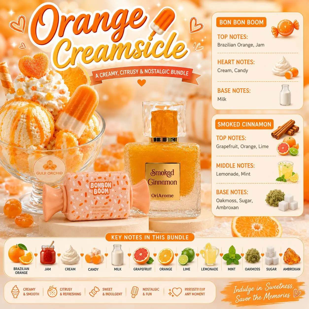 (2pc Orange Creamsicle Bundle) Bonbon Boom by Gulf Orchid + Smoked Cinnamon by OriArome EDP Spray, 3.4oz