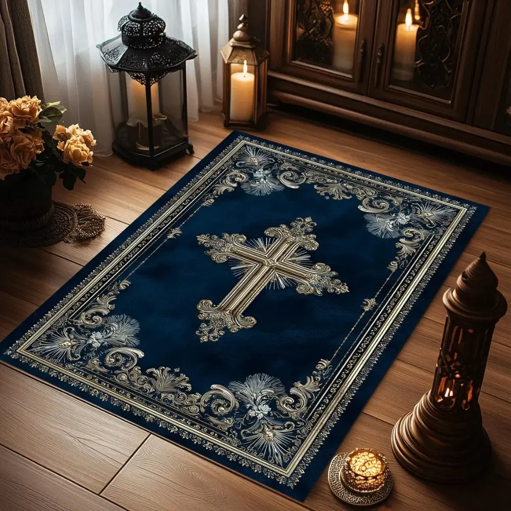 Christian Cross Navy Blue Flannel Area Rug, Home Decorative Rug - Religious Floral Scrollwork Print Soft Mat Prayer Mats for Prayer Room & Bedroom, Non-Slip Spiritual Home Decor