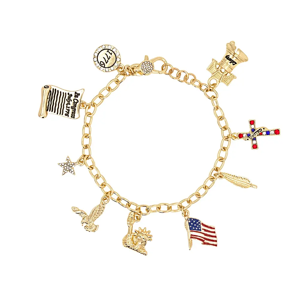 JTV Multi-Color Crystal & Enamel Gold Tone Americana Charm Bracelet