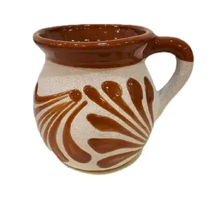 Taza Michoacan Traditional Mexican Clay Jarrito 1 Piece Handcrafted Brown & Cream Ceramic Mug