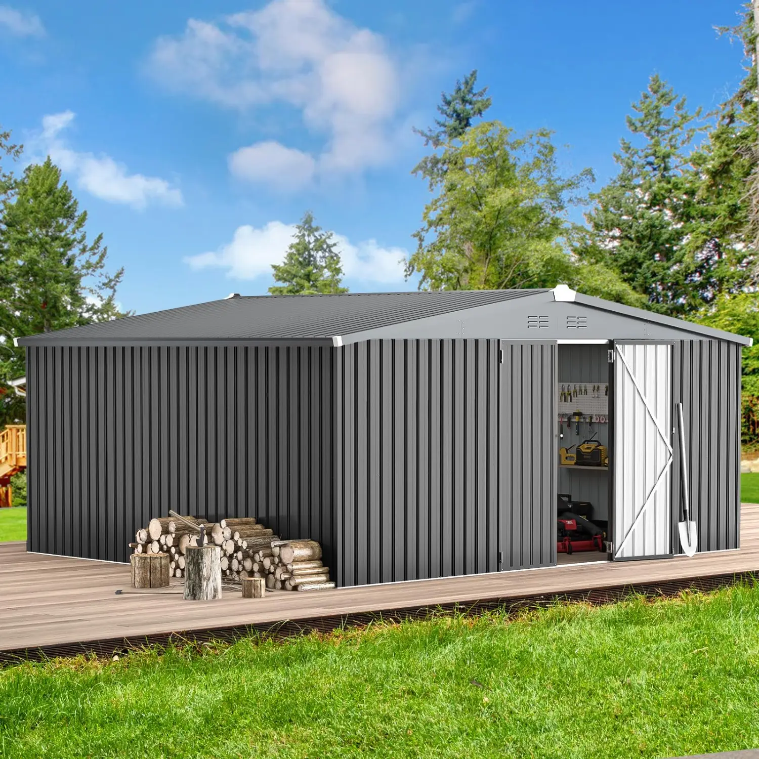 【3 Packages arrived at different times】Large Heavy-Duty Metal Storage Shed - Extra Large Steel Outdoor Shed with Lockable Doors for Garden Tools, Workspace & Utility Storage