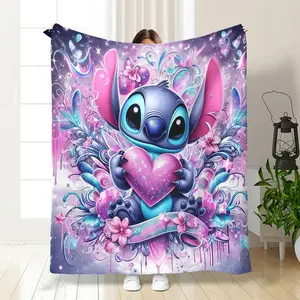 DISNEY CLASSIC Stitch Cartoon Print Flannel Blanket - Soft & Durable Lightweight Throw for Sofa, Bed, Travel & Camping