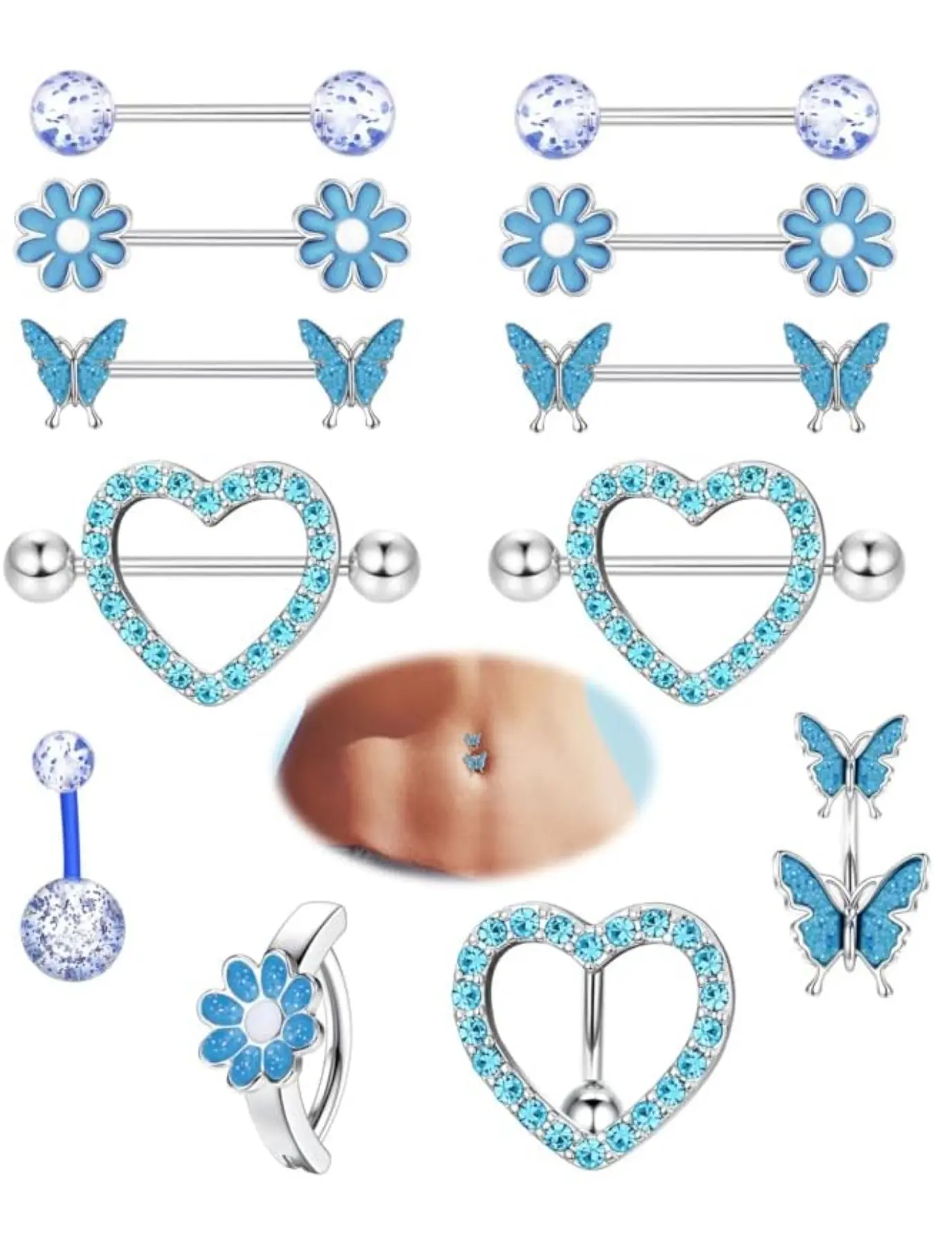 12 Pcs 14G Nipple Piercing Jewelry - Surgical Steel Nipple Rings Belly Rings for Women,Dainty Butterfly Belly Button Ring Heart Nipple Piercing Jewelry Set Cute Flower CZ Nipple Ring Barbells Body Piercing Jewelry