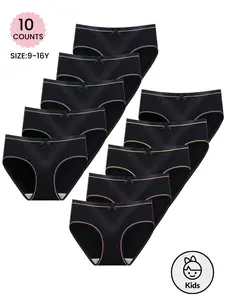 10 Pack Girls' Cute Bow Stripe Triangle Underwear, Comfortable Breathable Sports Panties, Casual Soft Panties, Suitable for Students and Teens, Age 9-16 Years, All Seasons