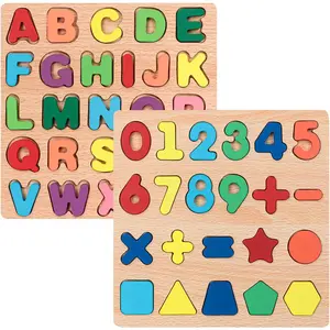 Wooden Montessori Alphabet & Number Shape Puzzles for Toddlers 2-Pack 7.8in Educational Toys for Kids 3 Years Old Boys & Girls