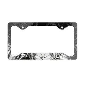 Manga Saiyan Cyber Eyes Metal License Plate Frame Black & White Glossy Aluminum Silver Backing Anime Battle Graphics 12.3" x 6.5"
