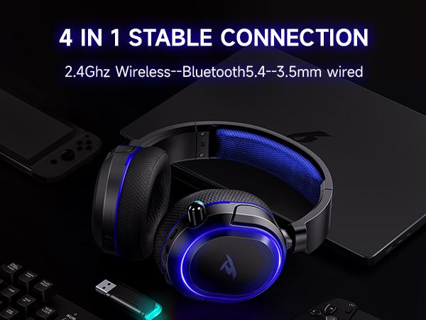 Picun G2 Over Ear Wireless Gaming Headset with Mic - Gaming Accessories, Bluetooth 5.4 Headphones, 7.1 Virtual Immersive Sound, 2.4GHz/Wired Connectivity, 5ms Lagfree Play, ENC Noise-Canceling Retractable Mic, RGB Lighting, PC Accessories for PC, PS5, PS4