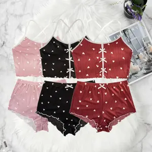 Sexy Sleepwear Women Pajamas Set Heart Print Silk Stain V-Neck Sleeveless Casual Cami Top and Shorts Sets Home Suit Loungewear  Summer Cute Heart Print Pajama Set for Women Sleepwear Loungewear Crew Neck Crop Cami Top & Elastic Shorts