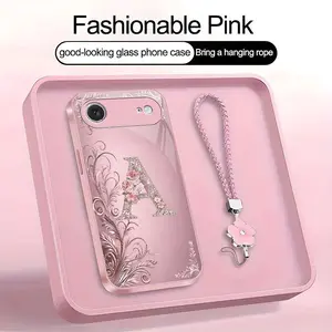 Suitable for [iPhone 17 Air] high-end women's phone case🤩，a beautiful four-leaf clover lanyard is included🍀，Exquisite floral print, non-3D rhinestones, 26 letters to choose from YM99