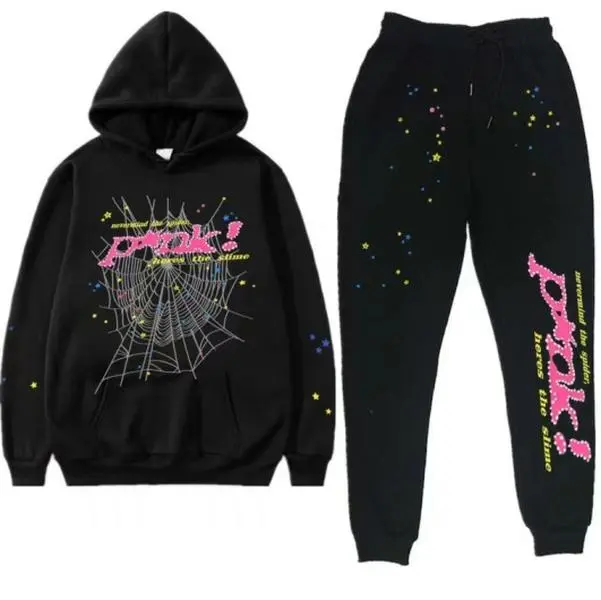 Men's Y2K Streetwear Spider Web Graphic Hoodie & Sweatpants Set - Black Pullover Tracksuit with Pink Graffiti Print, Hip Hop Punk Aesthetic Oversized Fleece Two Piece Outfit