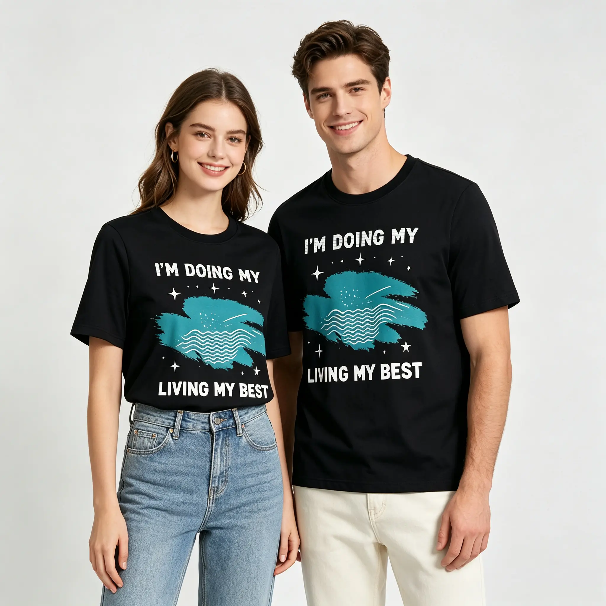 Couple's Matching Graphic T-Shirt, Unisex Oversized Soft Cotton Shortsleeve Top with 'I'm Living My Best Life' Ocean Waves Print, Round Neck, Tshirt, Casual Chic, Tops, Breathable