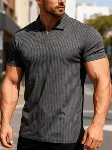 Men's Classic Solid Color Plain Ribbed Polo Shirt, Slim Fit Fitted Short Sleeve Collared Top, Casual Formal Knitwear for Daily Wear, Office, Dates