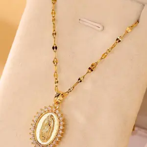 Virgin Mary Stainless Steel Necklace Gold-Tone Chain with Pendant Charm Bracelet Elegant Simple Design Non-Tarnish Quality Craftsmanship Catholic Saint Jewelry