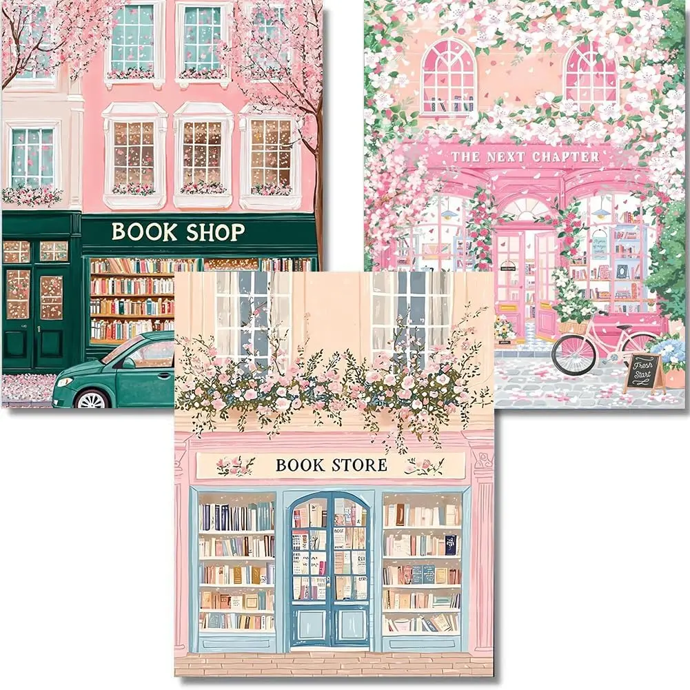 5D Diamond Painting 3Pcs Set Pastel Floral Bookstore Street Scenes Cherry Blossom Vintage Town Book Shop Cottagecore Crystal Rhinestone Wall Decor Gift
