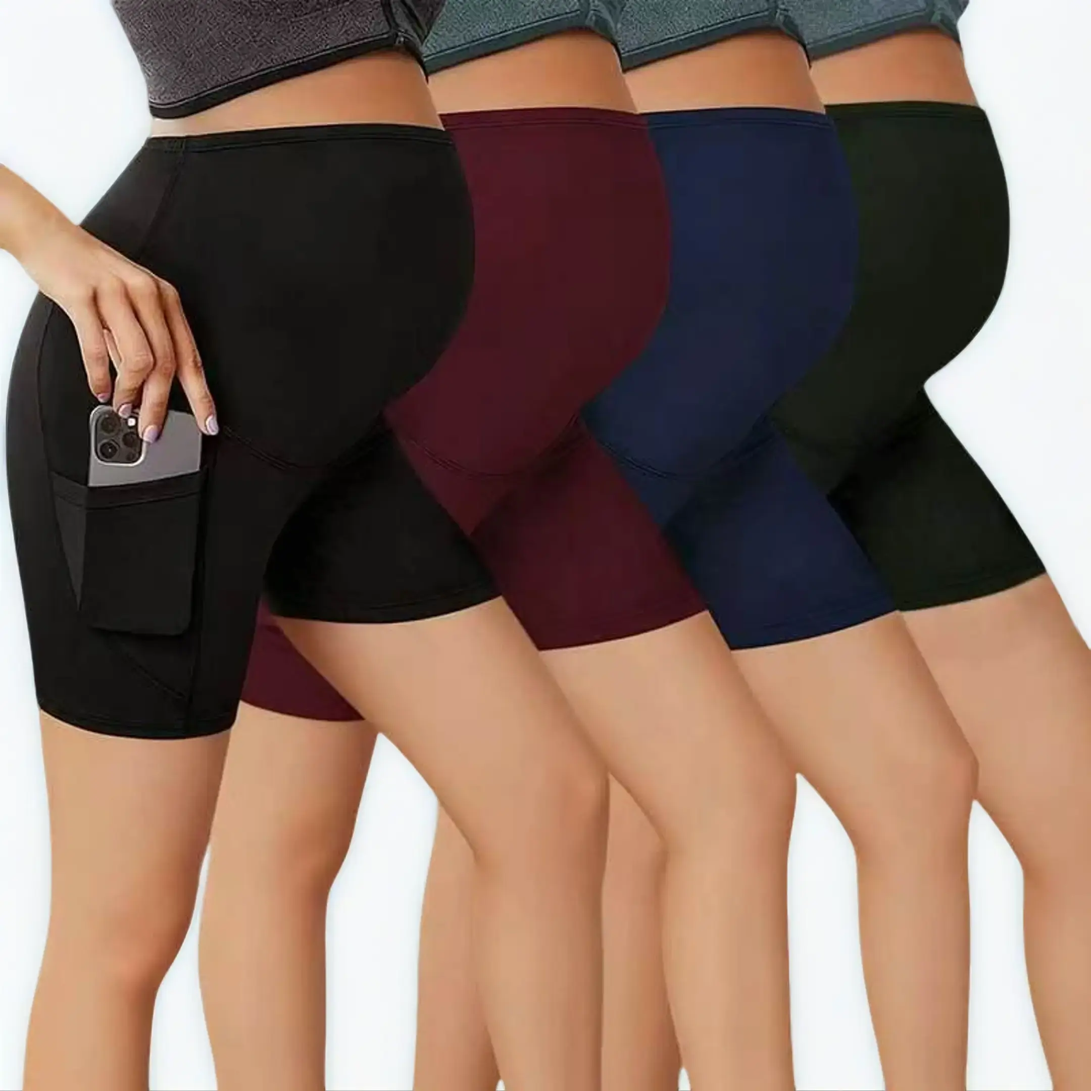 MUSBUY Women's High Waist Maternity Yoga Shorts with Pockets, Over-Belly Support, Quick-Dry Stretch Fabric - Sport & Street Pregnancy Bottoms for Workouts, M, Sporty Chic