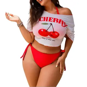 Cherry Print Off Shoulder Crop Cover Up Top Red Side Tie Bikini 3 Piece Set, Cold Shoulder Short Sleeve Beach Outfit Two-Piece Swimwear for Women Summer Vacation