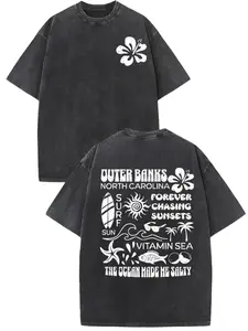 Outer Banks Retro Vintage 230g Washed Cotton T-Shirt - Breathable Relaxed Fit Short Sleeve Tee with Beach & Floral Graphic Print, Round Neck Casual Shirt for Men & Women, All-Season Comfort, Allseason Tshirt | men  clothing