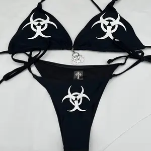 Black Y2K Biohazard Bikini Set - Halter Top & V-String Bottoms for Women Black Y2K Biohazard Bikini Set - Halter Top & V-String Bottoms for Women