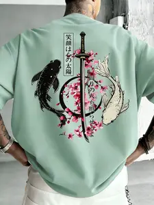 Men's Vintage Cherry Blossom Streetwear Tee, Japanese High-Street Samurai Sword Koi Print T-Shirt, Casual Fitted Short Sleeve Top, Menswear