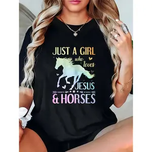 Women's Black Graphic T-Shirt - Just a Girl Who Loves Jesus & Horses with Horse & Heart Design, Christian Equestrian Casual Tee for Horse Lovers, Daily/Weekend Wear 100% Cotton T-shirt