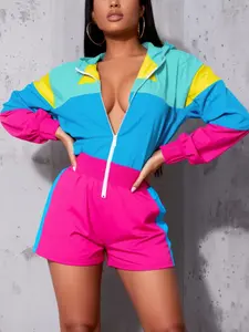 Women's Colorblock Pocket Elastic Waist Lightweight Windbreaker Hooded Jumpsuit, Casual Long Sleeve Fall & Winter