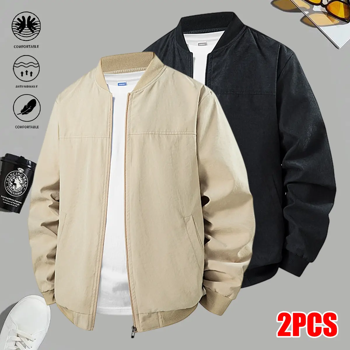 Men’s casual jacket 2-piece set, versatile outerwear, lightweight, comfortable, minimalist and stylish, suitable for work commutes and outdoor outings; men’s jackets.