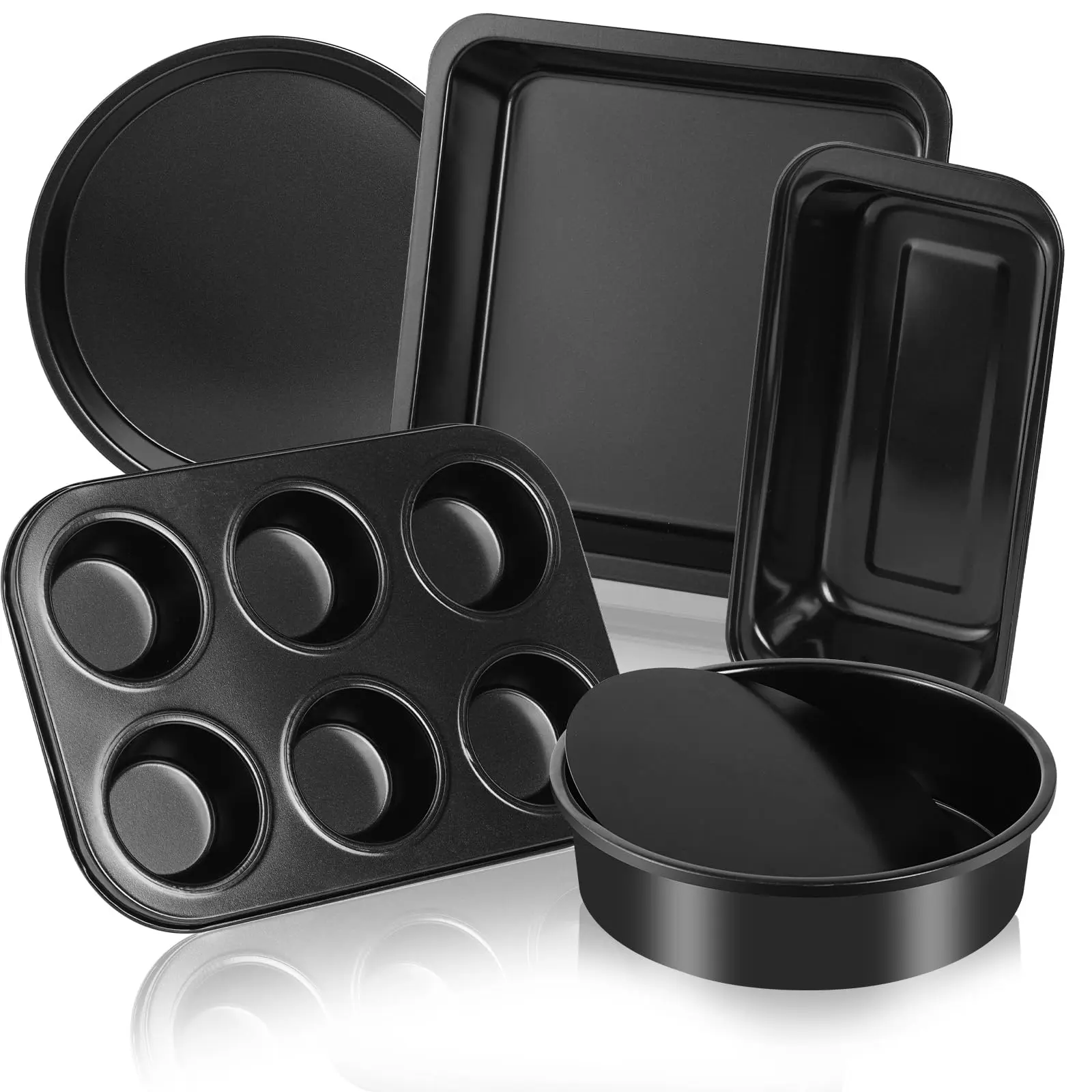 Merralta 5-Piece Stackable Multi-Size Carbon Steel Nonstick Toaster Oven Baking Pan Set - BPA-Free Baking Supplies for Compact Kitchens, Baked Goods (Round Pizza, Muffin, Loaf, Cake, Square Pans)