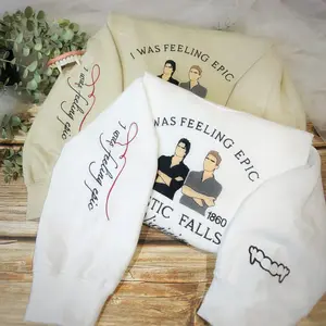 Mystic Falls ‘Feeling Epic’ Embroidered Sweatshirt ~ Vampire Diaries, Team Stefan, Team Damon Sweatshirt ~ Vampire Fang, Sleeve Details