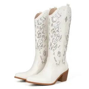 Womens Winter Cowboy Boots Knee High Glitter Embroidered Western Boots Rhinestone Details Chunky Heel Sparkly Wedding Party Festival Footwear Must Have Decor White
