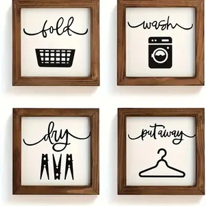 Rustic Wood Laundry Room Wall Hangings, Set of 4 8-Inch Wooden Signs, Farmhouse Style Home Decor, Durable & Stylish Design