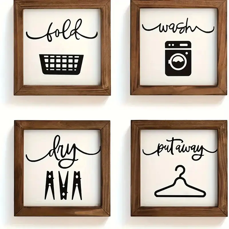 Rustic Wood Laundry Room Wall Hangings, Set of 4 8-Inch Wooden Plaque Signs, Farmhouse Style Home Decor Accessories, Home Decor Products, Durable & Stylish Design