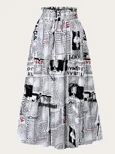 Women's Newspaper Print Layered Hem Skirt, Retro Fashion Casual Midi Skirt for Daily Outdoor Wear, Women Bottoms for Summer