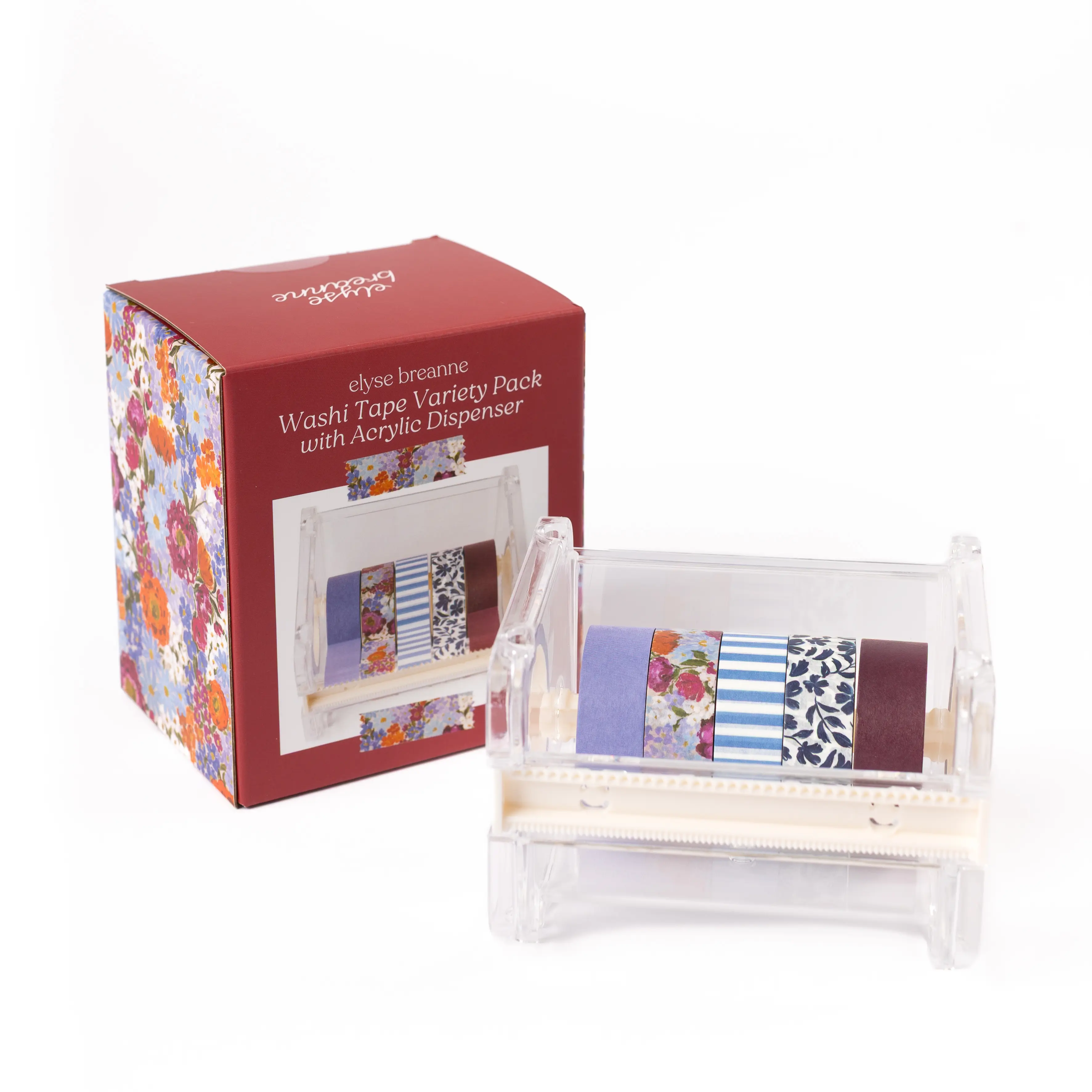 Washi Tape Variety Pack with Acrylic Dispenser, 5 Decorative Junk Journal Aesthetic Rolls, Scrapbook Supplies with Soft Matte Finish for Desk, Scrapbooking
