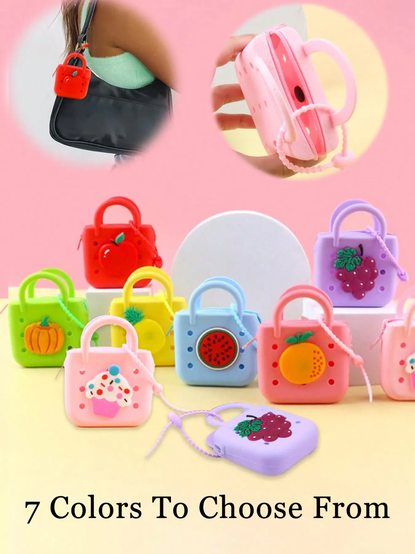 Mini Cute Solid Silicone Hollow Handbag, Multiple Fruit Patterns, Strawberry Themed Bag, DIY Coin Purse, Beach Bag, Comfortable, Zip Design, Travel Organizer