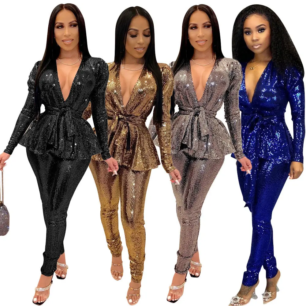Metallic Sparkling Women's Low Cut Sash Belted Blazer Jacket + Pants Formal Party Suit