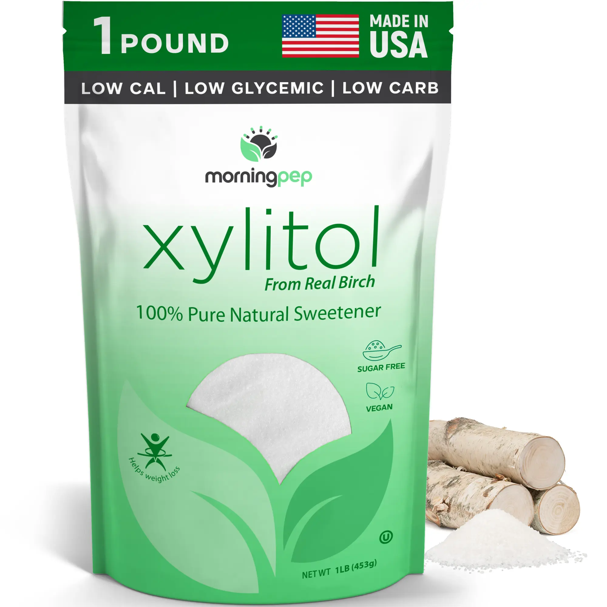 Morning Pep USA Made Birch Xylitol Sweetener – Natural Sugar Substitute (Non-GMO, Not from Corn)