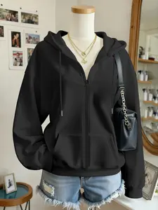 Women's Fashion Fall Winter Drawstring Adjustable Hoodie, Plain Zipper Jacket Coat, Versatile Loose Fit Casual Top, Ladies' Stylish Outerwear, Sweatshirts