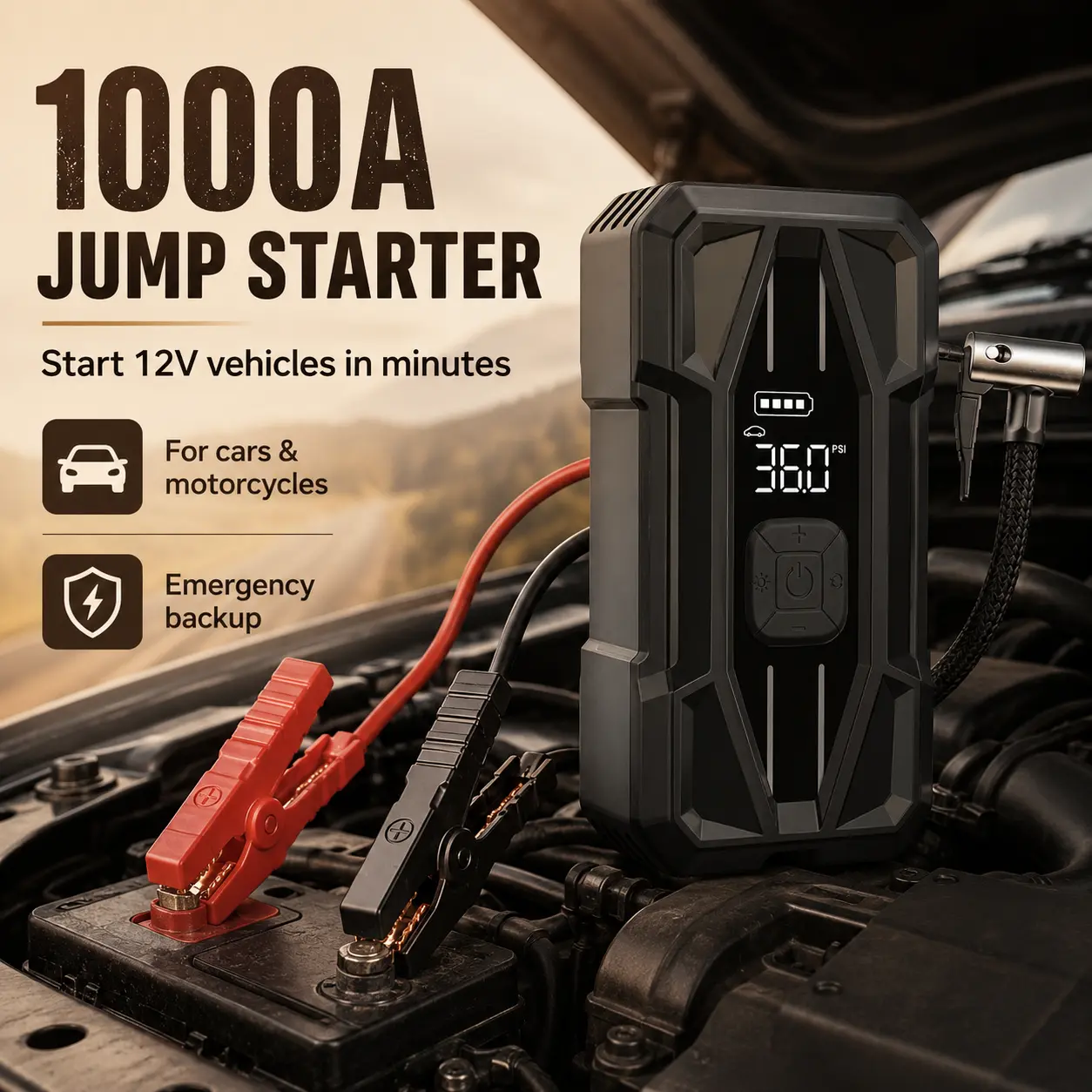 Car Jump Starter with Air Compressor, 1000A 12V Battery Booster and 150 PSI Cordless Tire Inflator, Portable Emergency Power Pack for Cars, Motorcycles, Bikes and Balls digital display air pump wireless rechargeable auto-shutoff carguy gift
