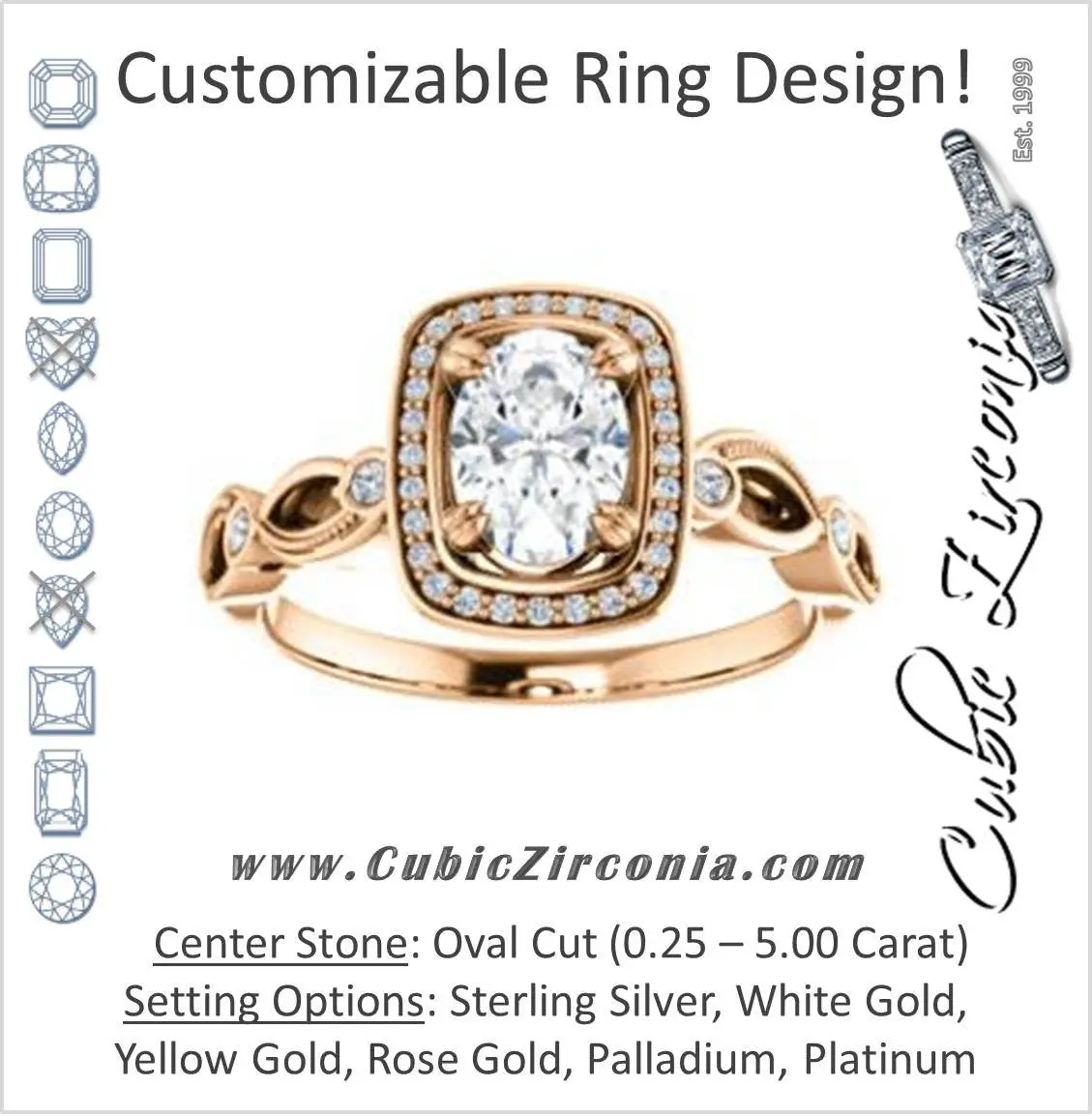 Cubic Zirconia Engagement Ring- The Angela (Customizable Whimsical Sculpture Halo-Style with Oval Center)